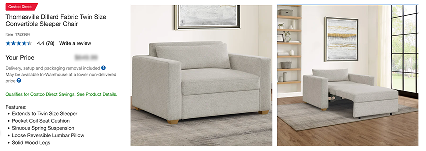 Costco Thomasville convertable sleeper chair